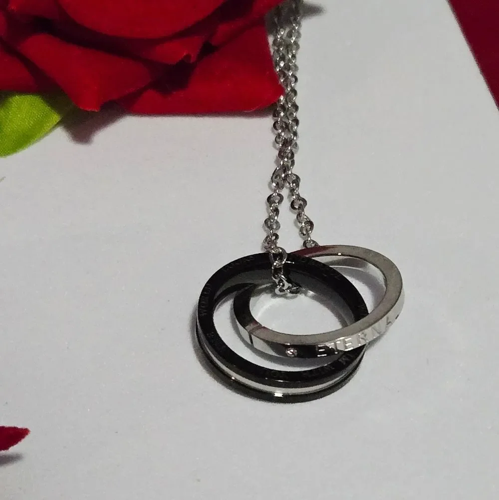 Love Pendant Necklace Two-Tone Interlocking Rings Stainless Steel Couples Gift